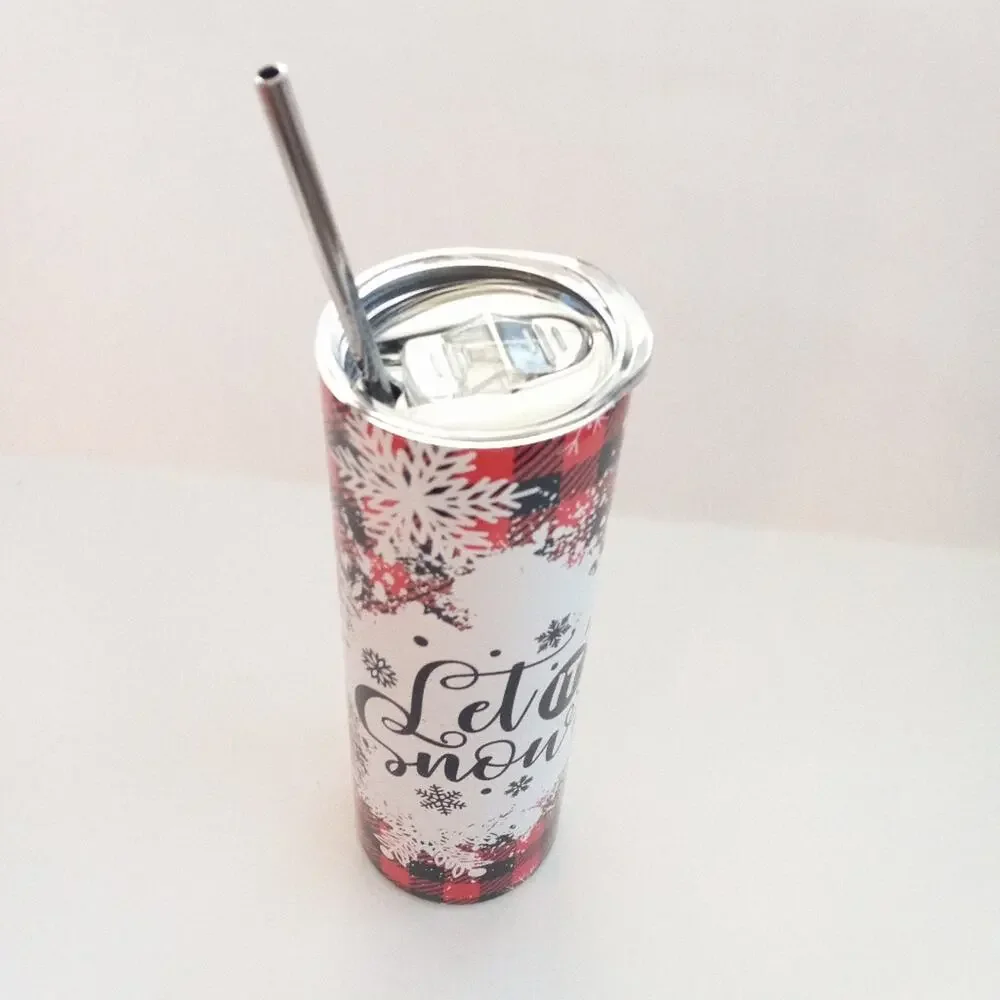 Let it Snow Red Buffalo Plaid Snowflake 20 oz. Skinny Tumbler cup Hot Cold Drink